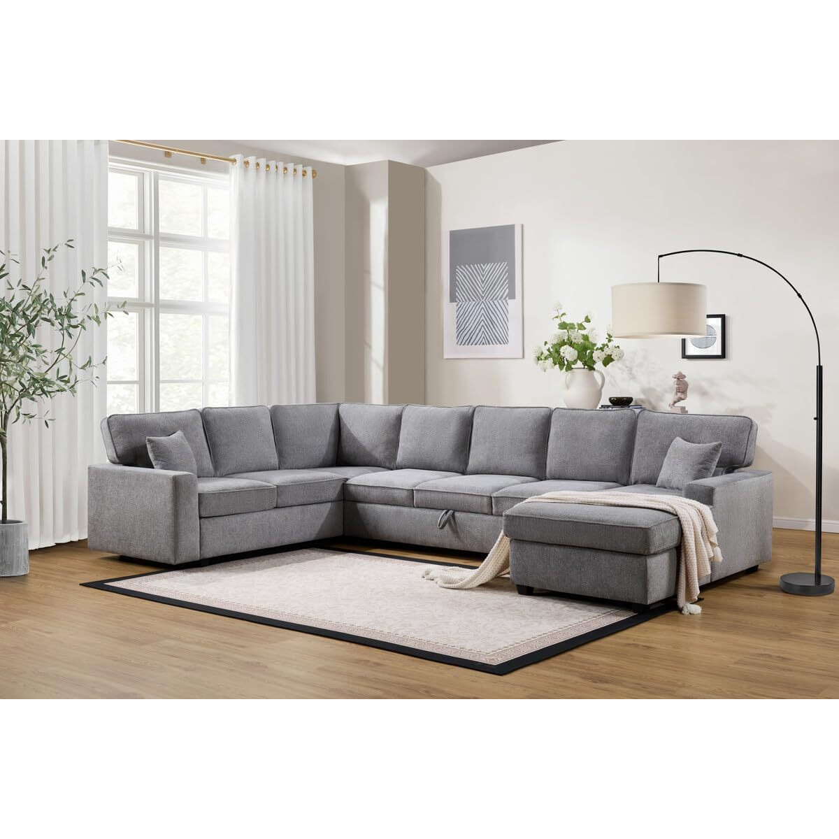 Samara 137"&quotW Gray Chenille Sectional Sofa With Right-Facing Chaise  Underseat Storage  Throw Pillows