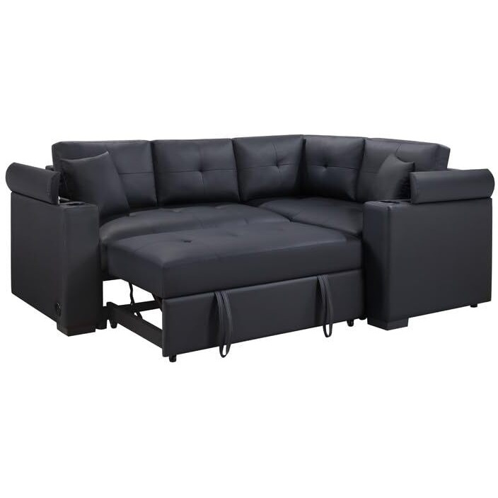 Donovan 84.5"&quotW Black Pvc Fabric Sleeper Sectional With Usb Charger  Cupholders  Storage Arms