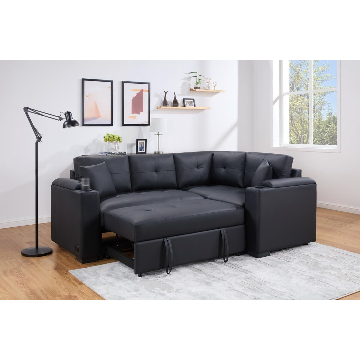 Donovan 84.5"&quotW Black Pvc Fabric Sleeper Sectional With Usb Charger  Cupholders  Storage Arms