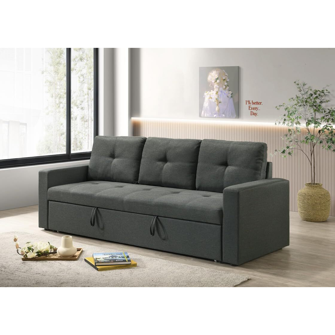 Burleigh 83.5"&quotW Dark Gray Fabric Sleeper Sofa With Tufted Cushions