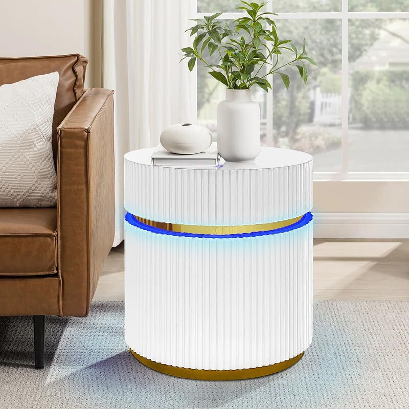 Tavita 19.5"" Round White Side Table With Glass Top And Led Lights