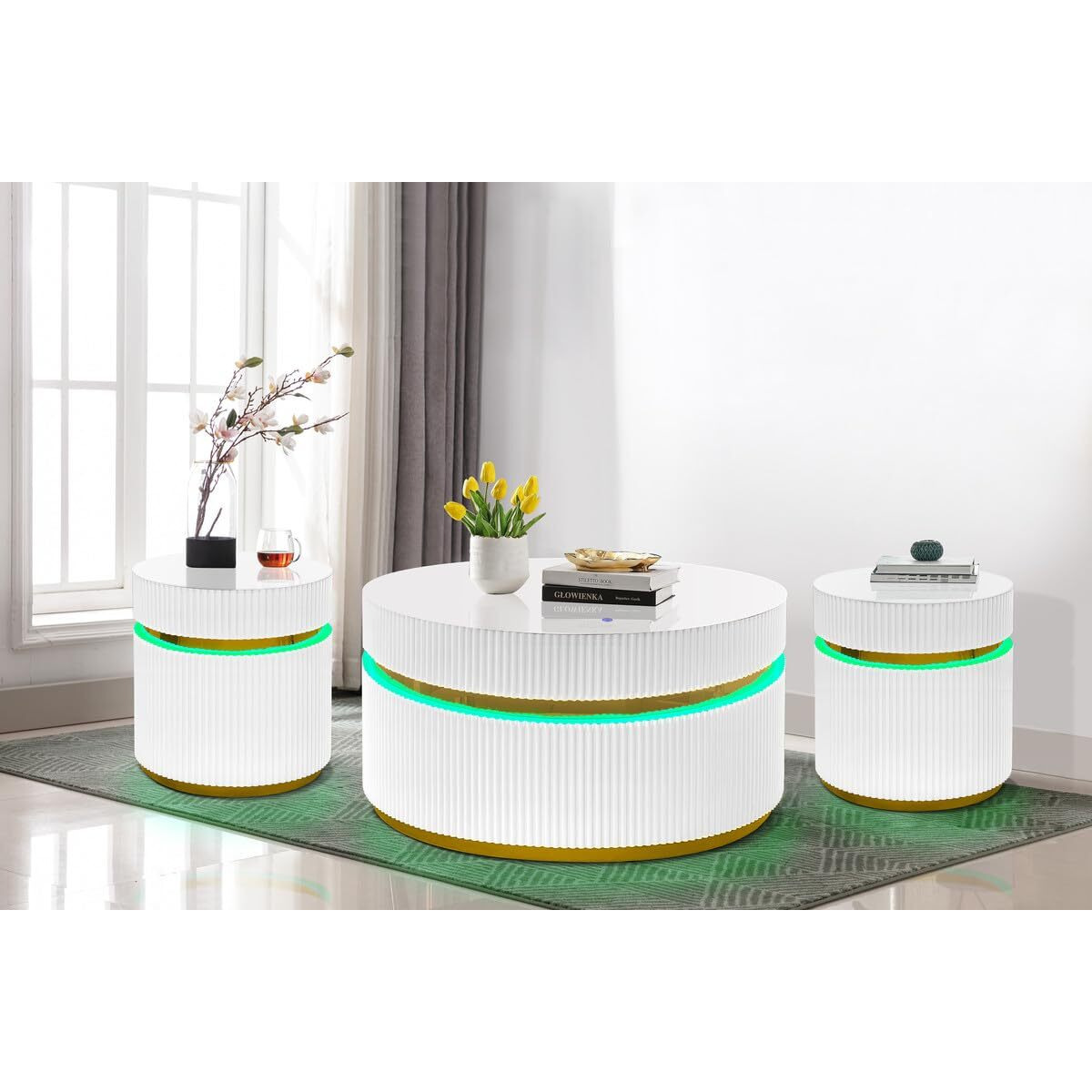 Tavita 3-Piece Round Coffee Table Set With Glass Top And Led Lights