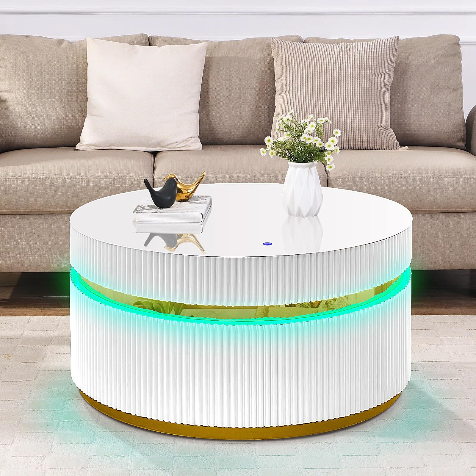Tavita 39"" Round White Coffee Table With Glass Top And Led Lights