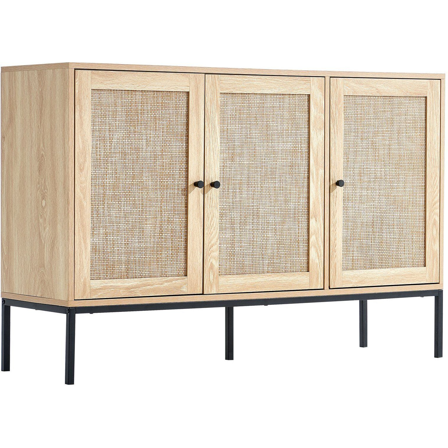 Rattan Cabinet Storage With 3 Magnetic Doors & Adjustable Shelves Natural