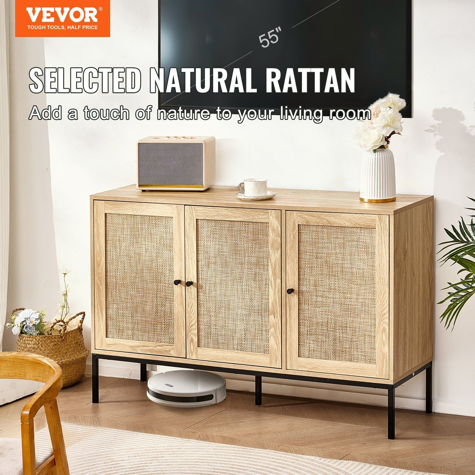 Rattan Cabinet Storage With 3 Magnetic Doors & Adjustable Shelves Natural