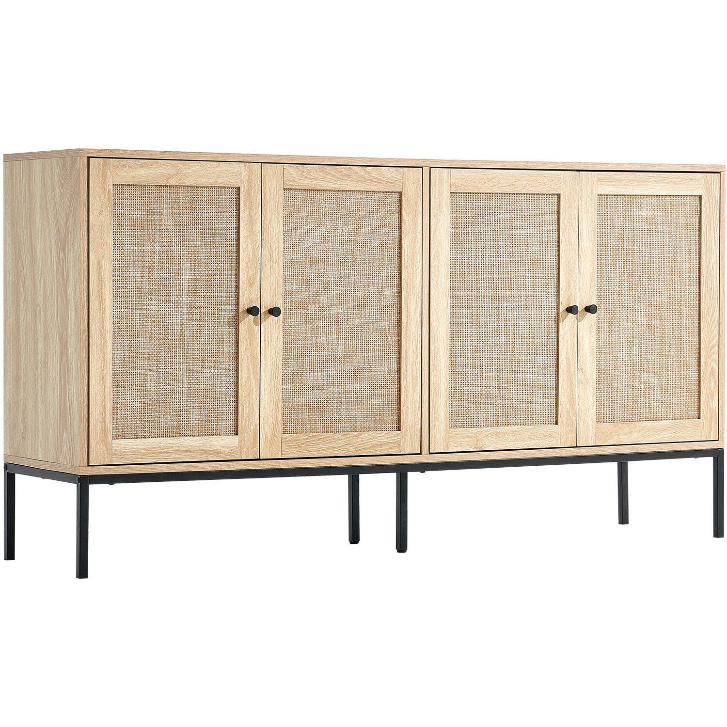 Rattan Cabinet Storage With 4 Magnetic Doors & Adjustable Shelves Natural