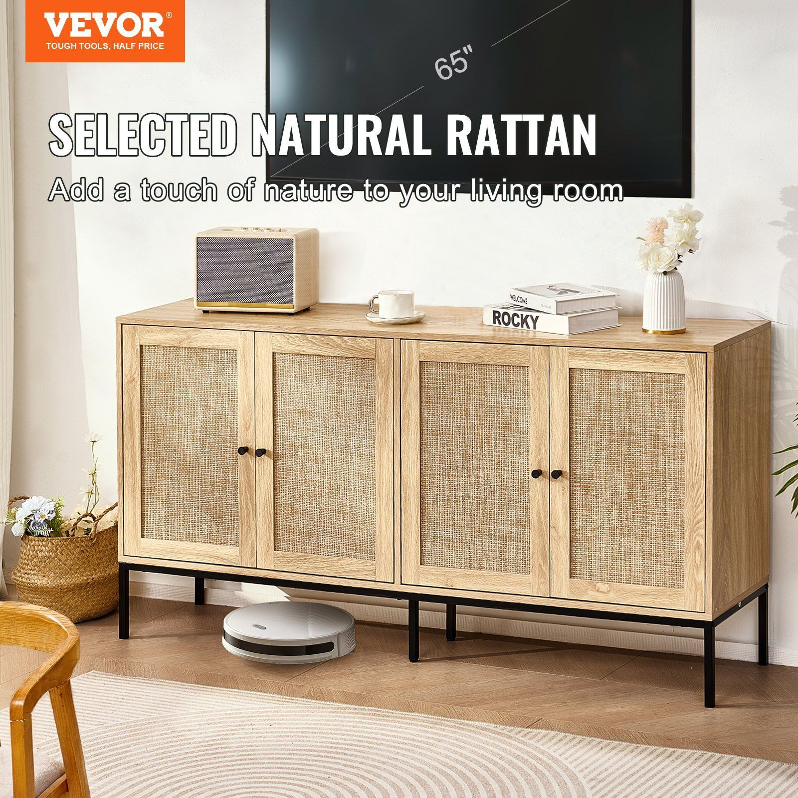 Rattan Cabinet Storage With 4 Magnetic Doors & Adjustable Shelves Natural