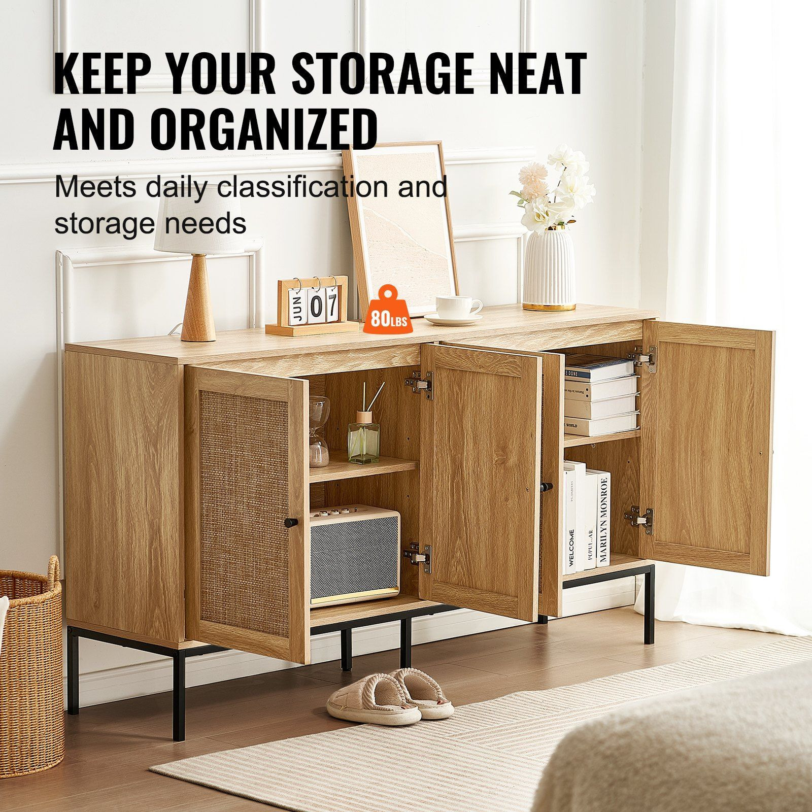 Rattan Cabinet Storage With 4 Magnetic Doors & Adjustable Shelves Natural