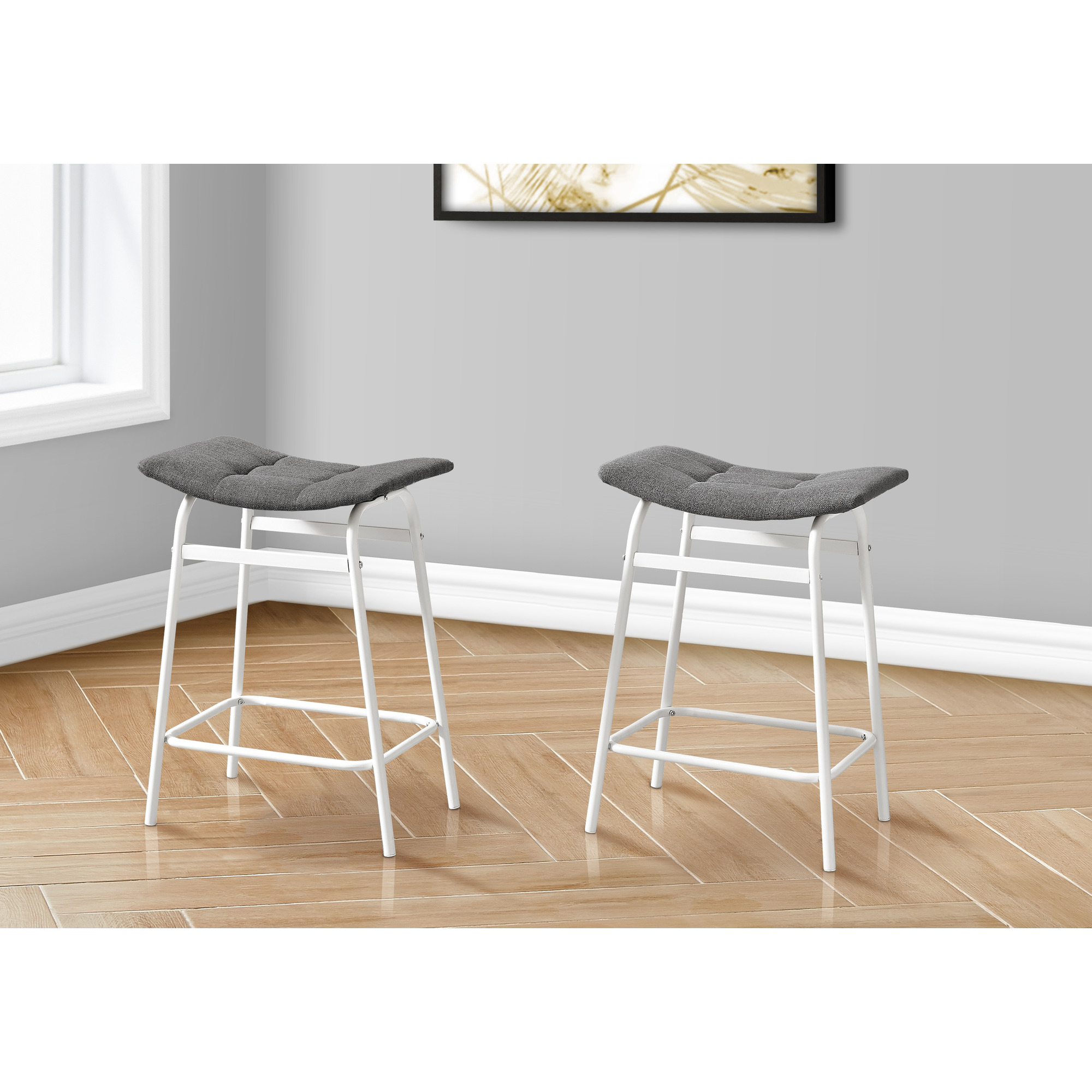 Barstool  Counter Height  Set Of 2  Kitchen  Grey Fabric  White Metal  Contemporary  Modern