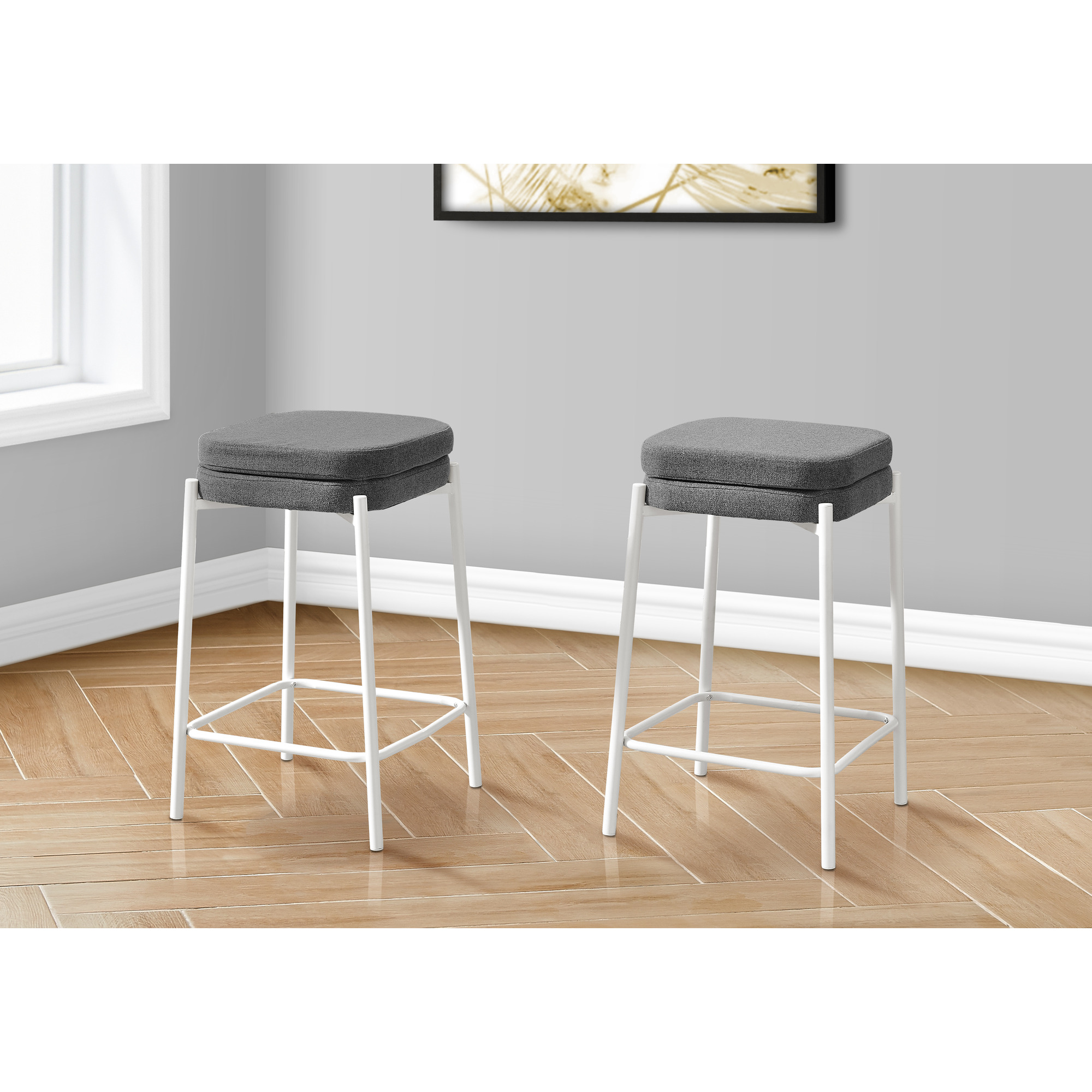 Barstool  Counter Height  Set Of 2  Kitchen  Grey Fabric  White Metal  Contemporary  Modern