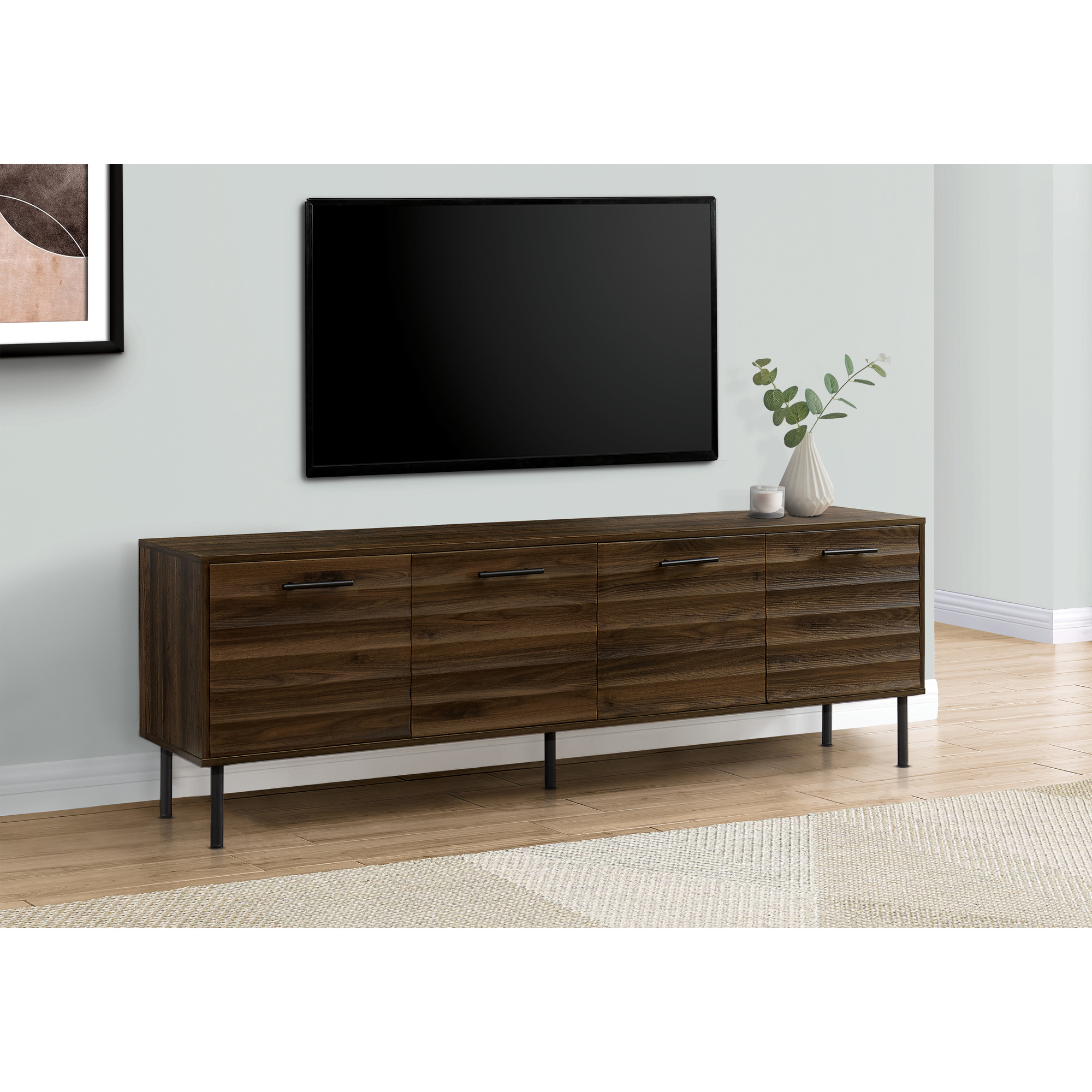Tv Stand  72 Inch  Console  Media Entertainment Center  Storage Cabinet  Brown Laminate  Black Metal  Transitional