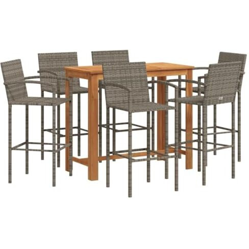 Vidaxl 7 Piece Patio Bar Set Gray Solid Wood Acacia And Poly Rattan