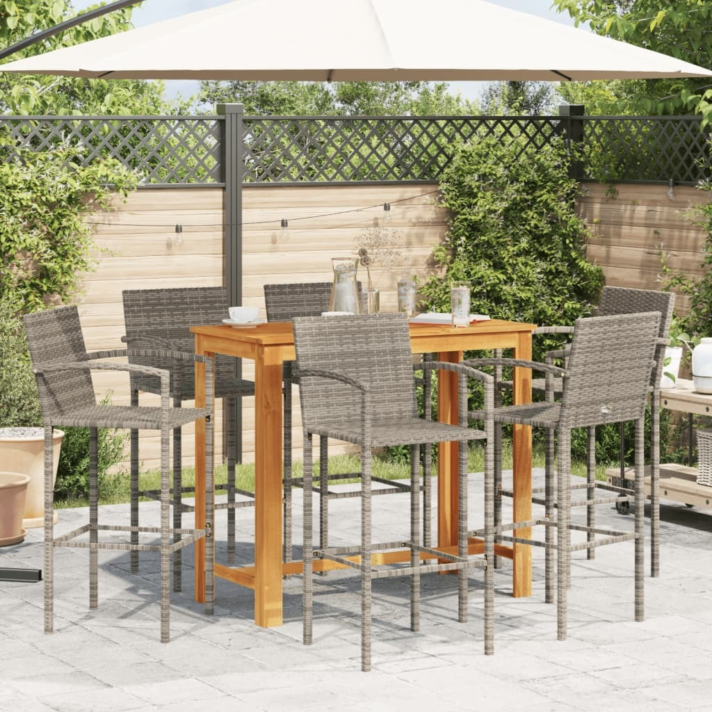 Vidaxl 7 Piece Patio Bar Set Gray Solid Wood Acacia And Poly Rattan