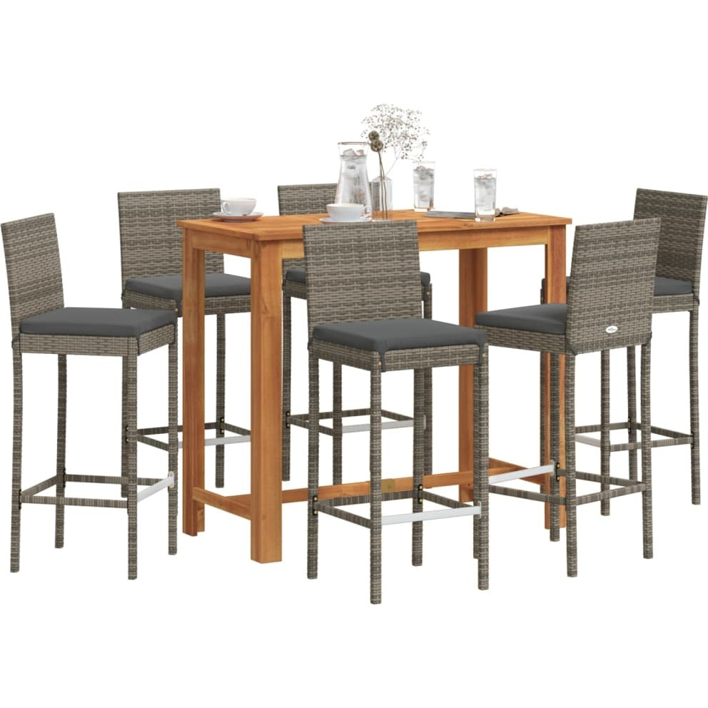 Vidaxl 7 Piece Patio Bar Set Gray Solid Wood Acacia And Poly Rattan