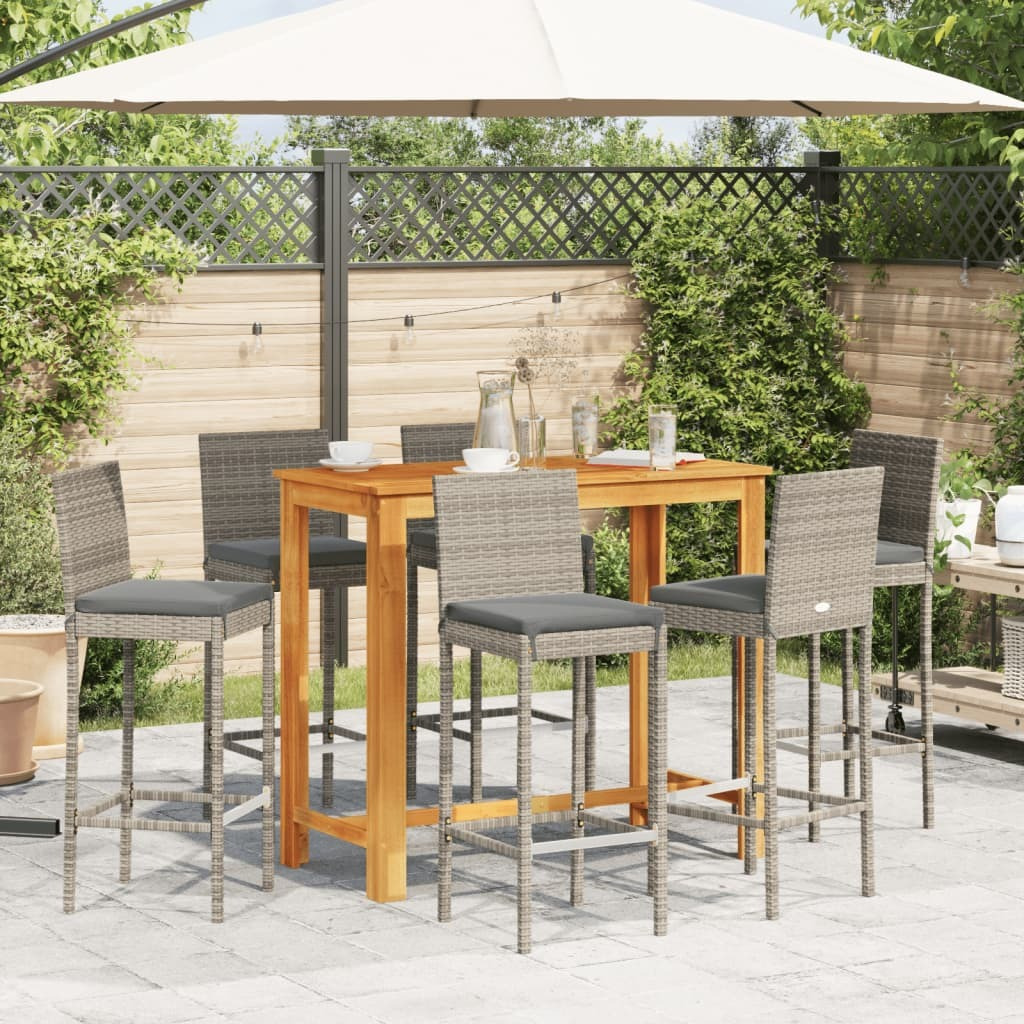 Vidaxl 7 Piece Patio Bar Set Gray Solid Wood Acacia And Poly Rattan