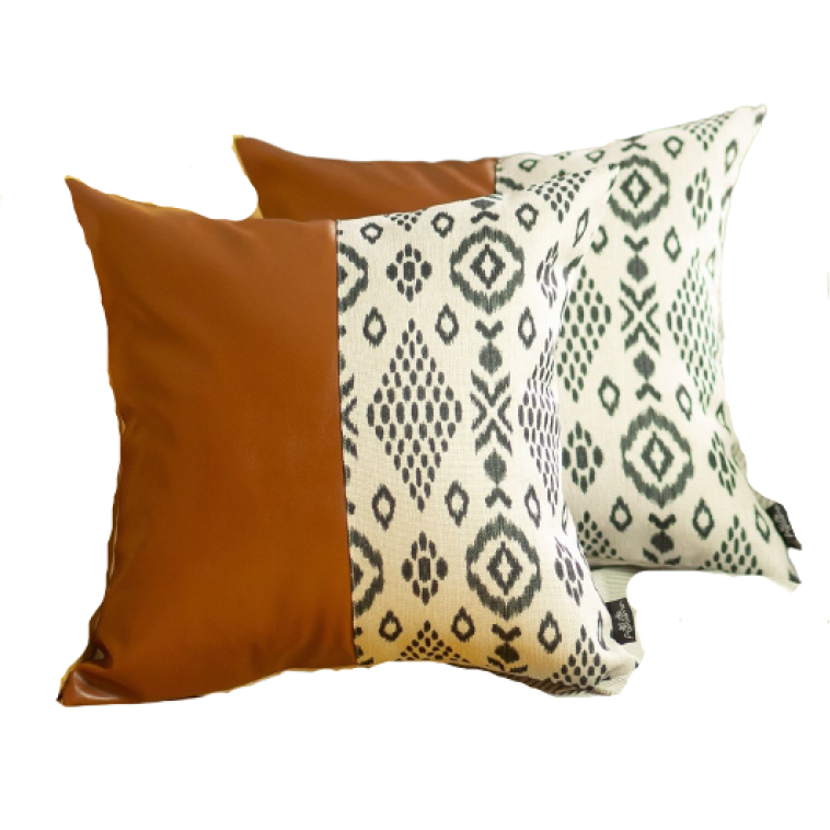 Set Of 2 Semi Brown Faux Leather And Eclectic Geometric Patterns Pillow Covers