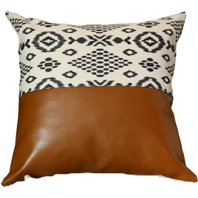 Set Of 2 Semi Brown Faux Leather And Eclectic Geometric Patterns Pillow Covers