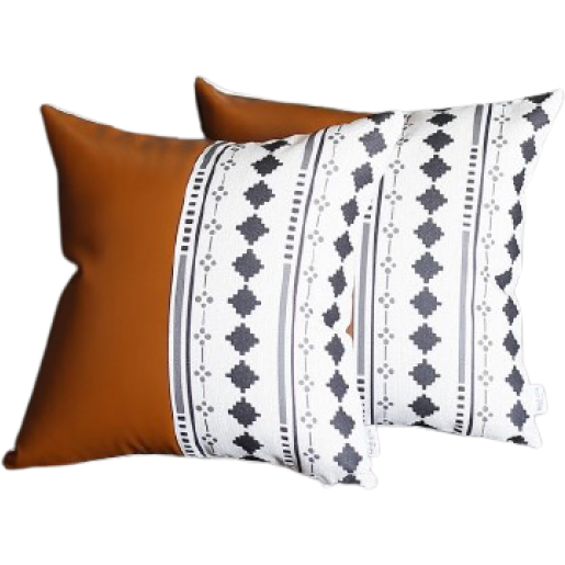 Set Of 2 Half Diamond Patterns And Rustic Brown Faux Leather Lumbar Pillow Covers