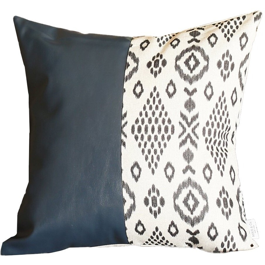 Bisected Eclectic Patterns And Spruce Blue Faux Leather Lumbar Pillow Cover