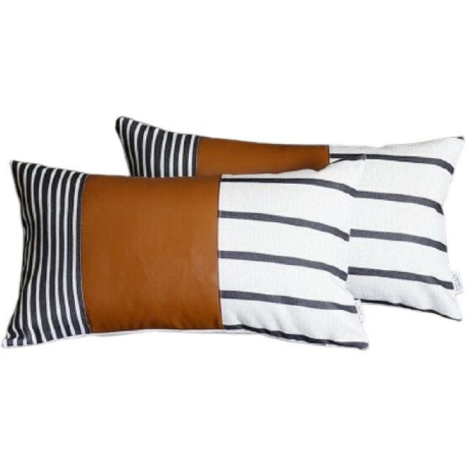 Set Of 2 Striped And Bright Brown Faux Leather Lumbar Pillow Covers