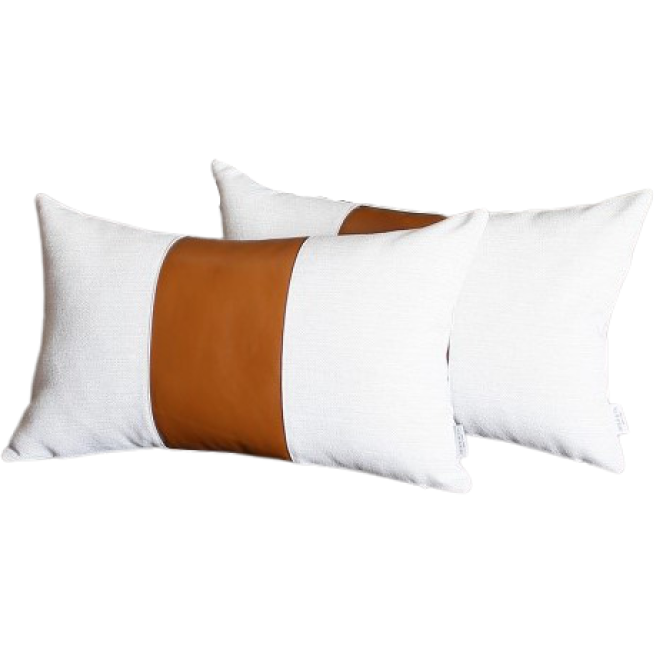 Set Of 2 Porcelain White And Center Caramel Brown Faux Leather Pillow Covers