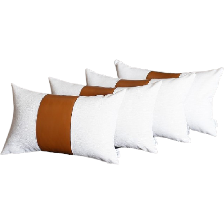 Set Of 4 White And Brown Faux Leather Lumbar Pillow Covers