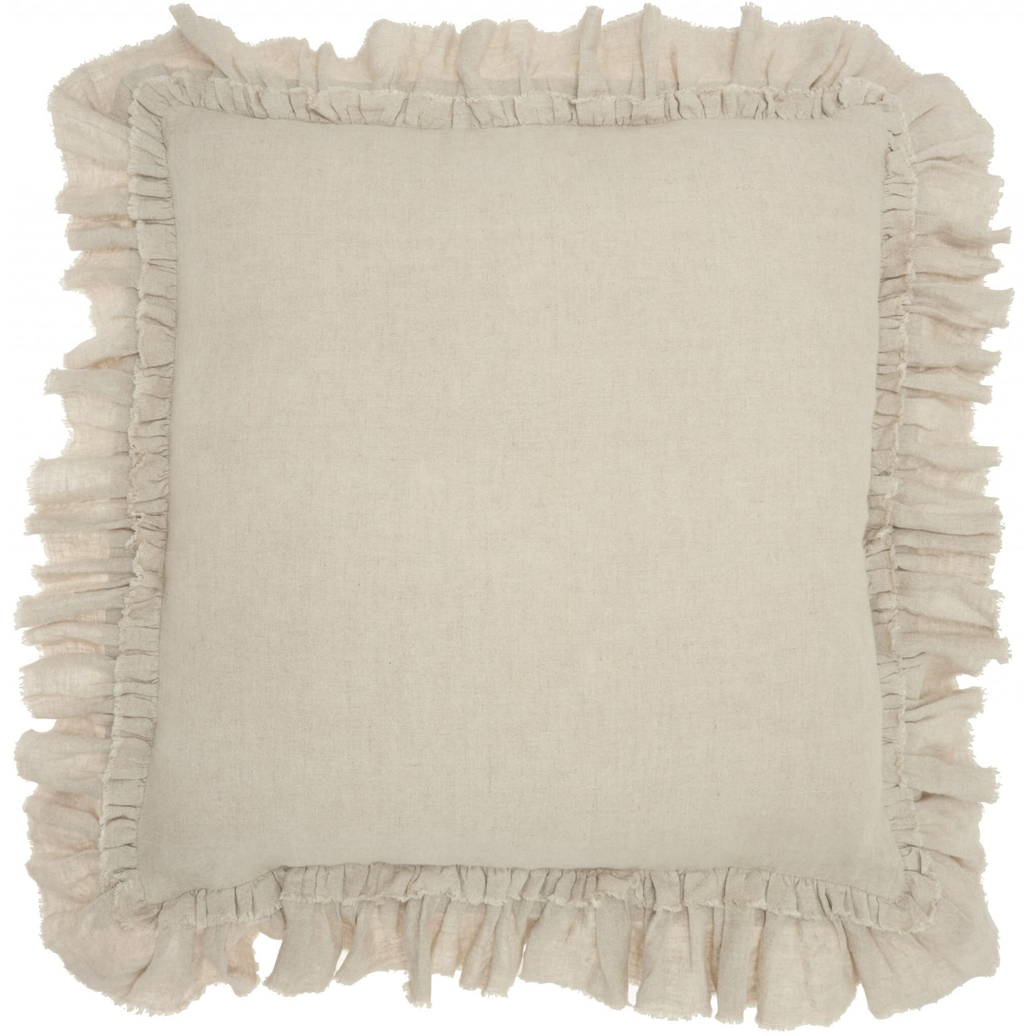 Homeroots Grey Linen Dainty Ruffle Edged Beige Throw Pillow