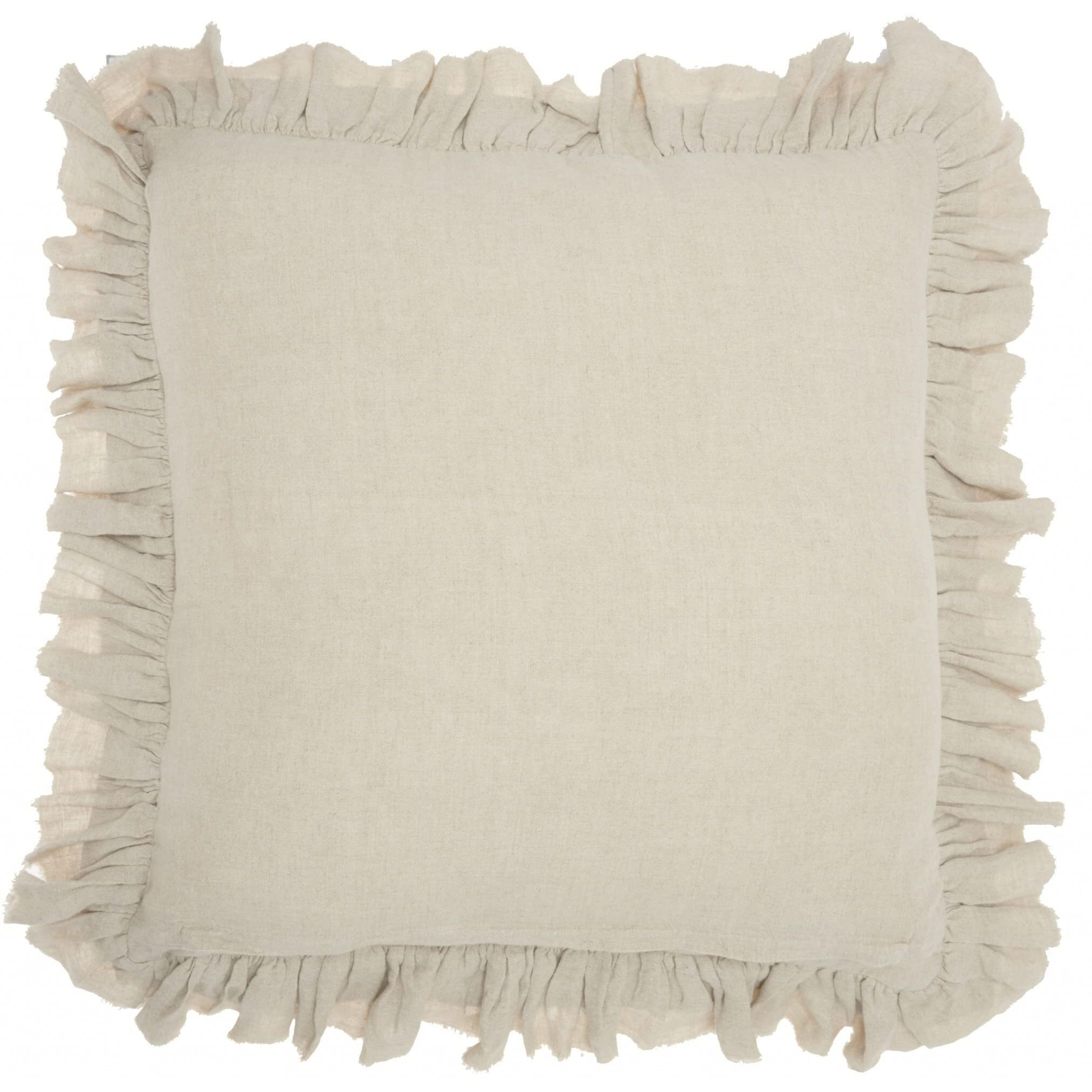 Homeroots Grey Linen Dainty Ruffle Edged Beige Throw Pillow