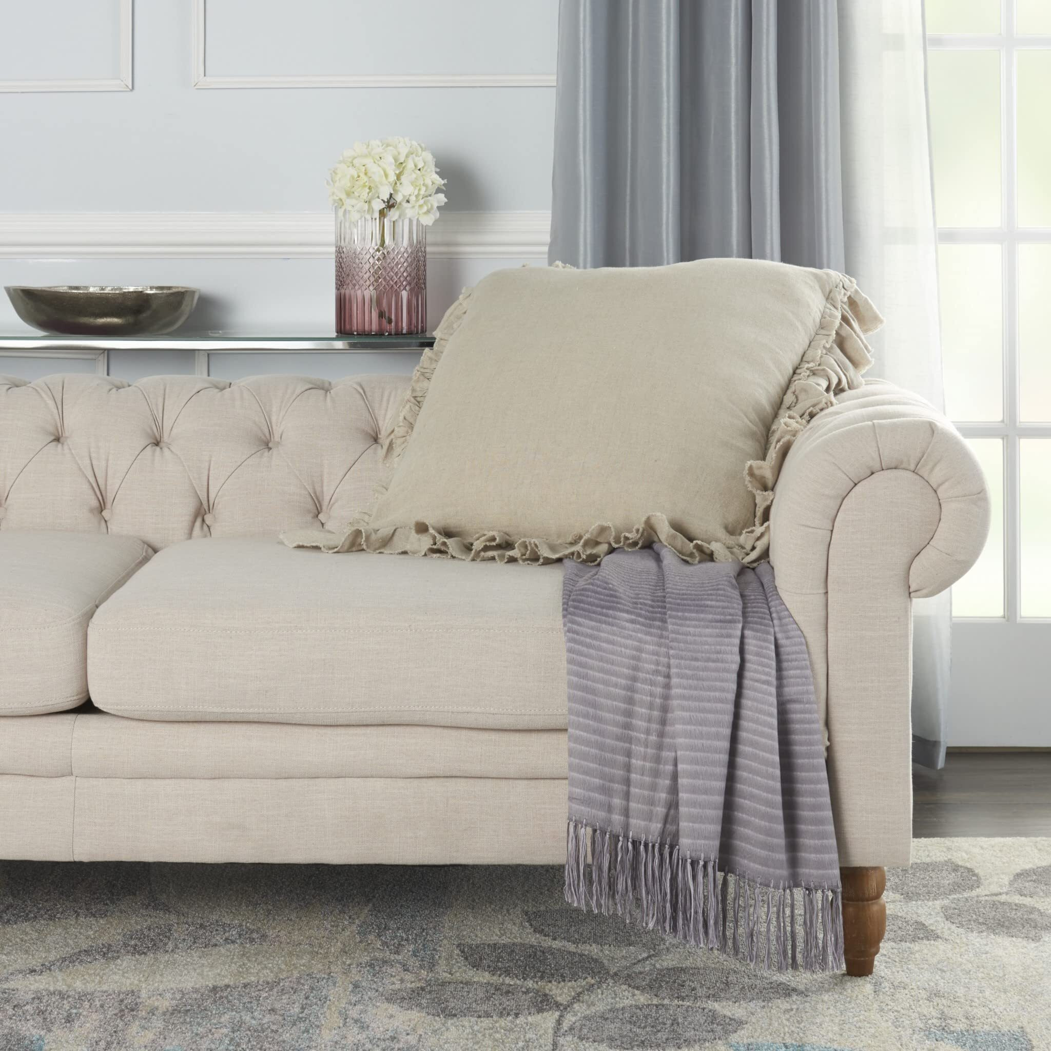 Homeroots Grey Linen Dainty Ruffle Edged Beige Throw Pillow