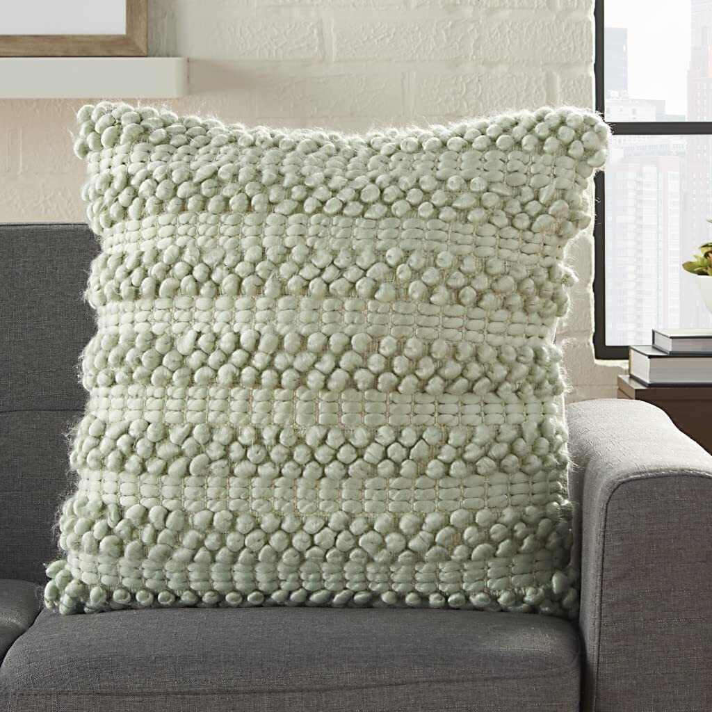 Homeroots White Acrylic Xl Mint Green Pom-Pom Detailed Throw Pillow