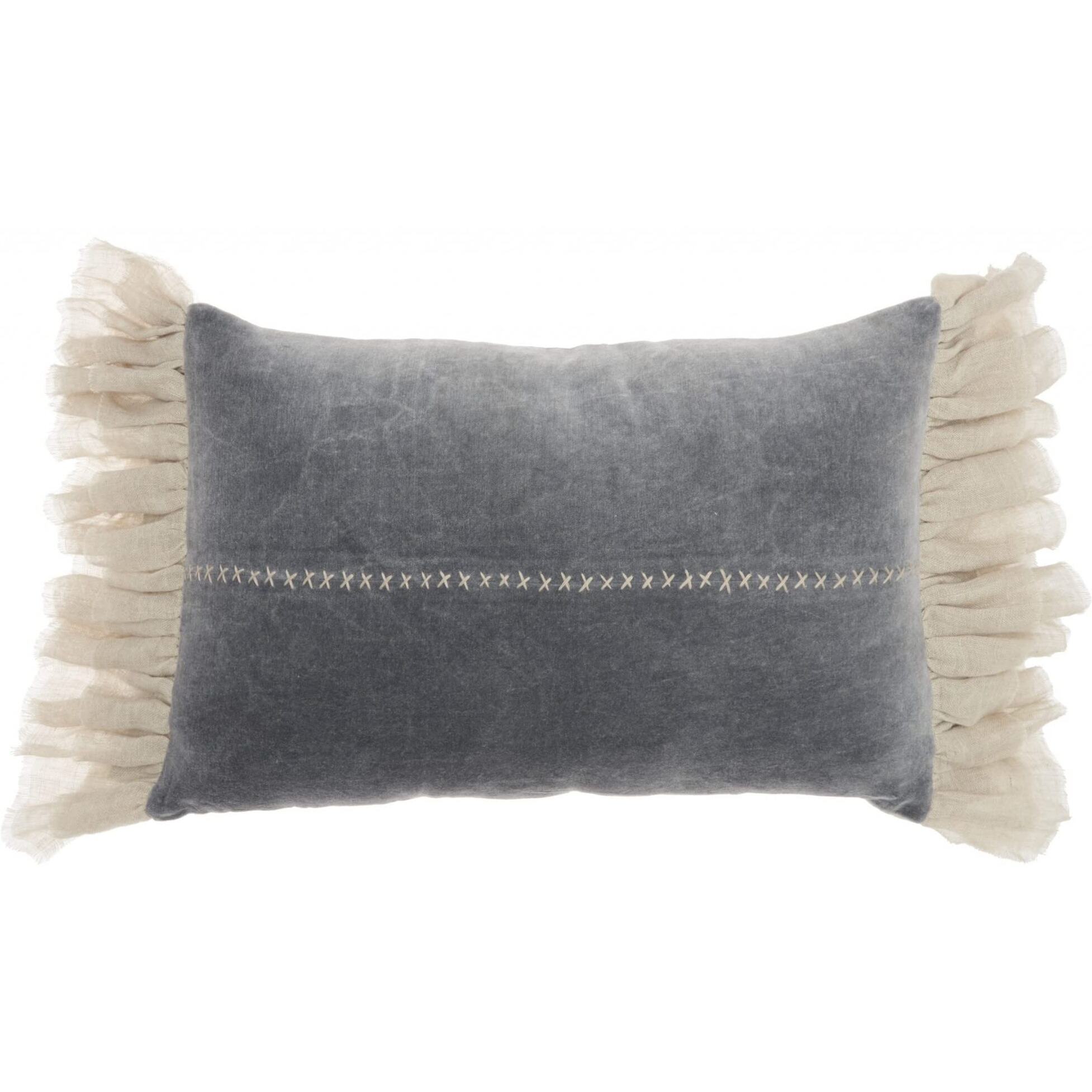 Homeroots Grey Cotton Wide Tasseled Marble Steel Blue Lumbar Pillow