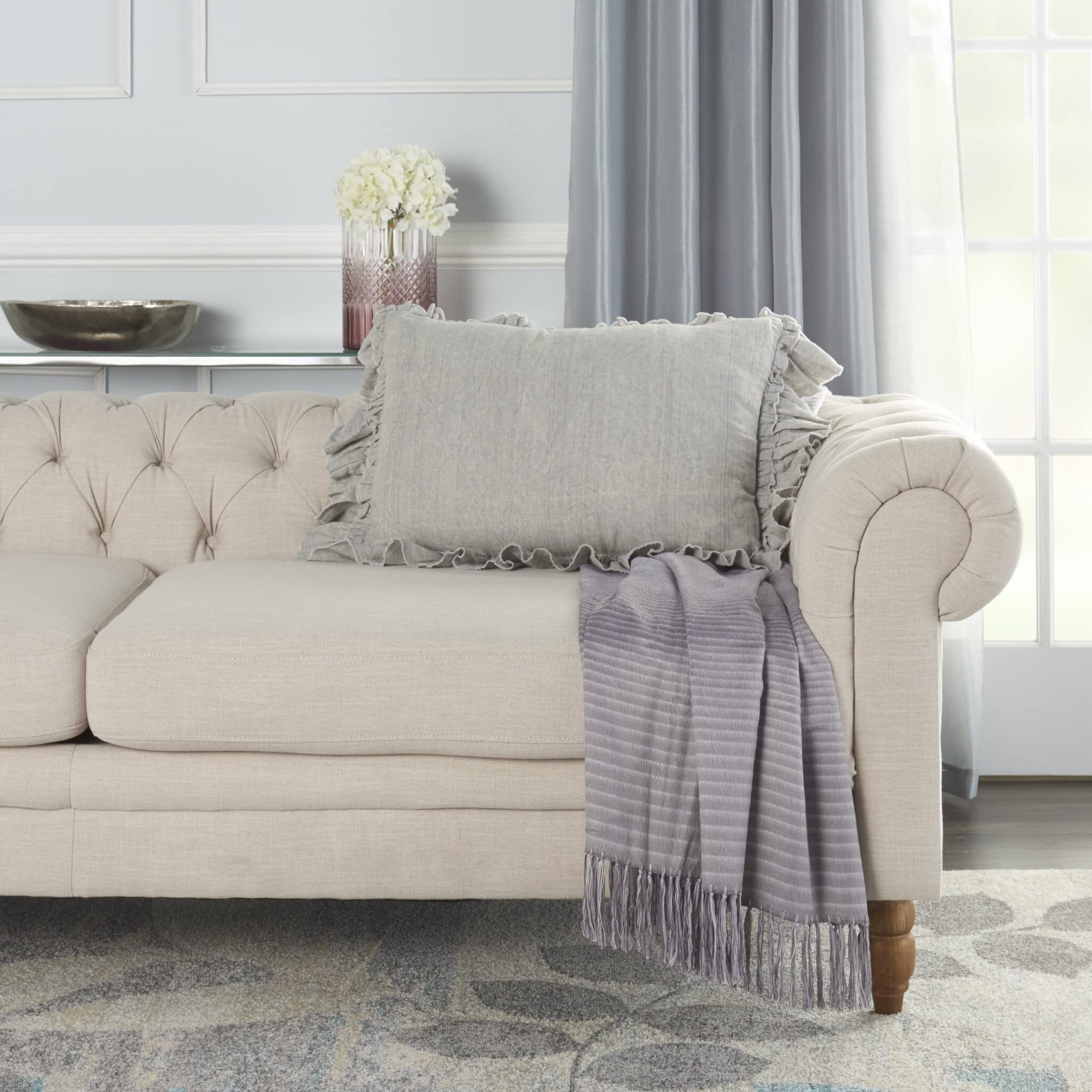 Homeroots Grey Linen Dainty Ruffle Edged Light Gray Lumbar Pillow