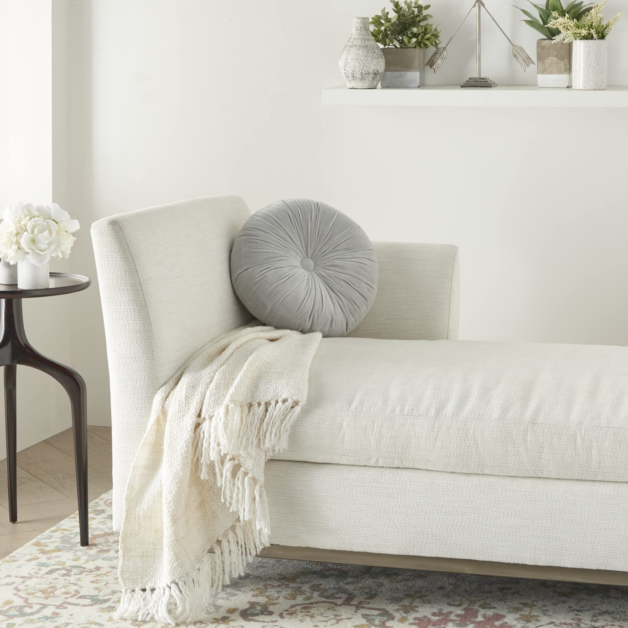 Homeroots Rose Gold Cotton Velvet Light Gray Tufted Round Throw Pillow