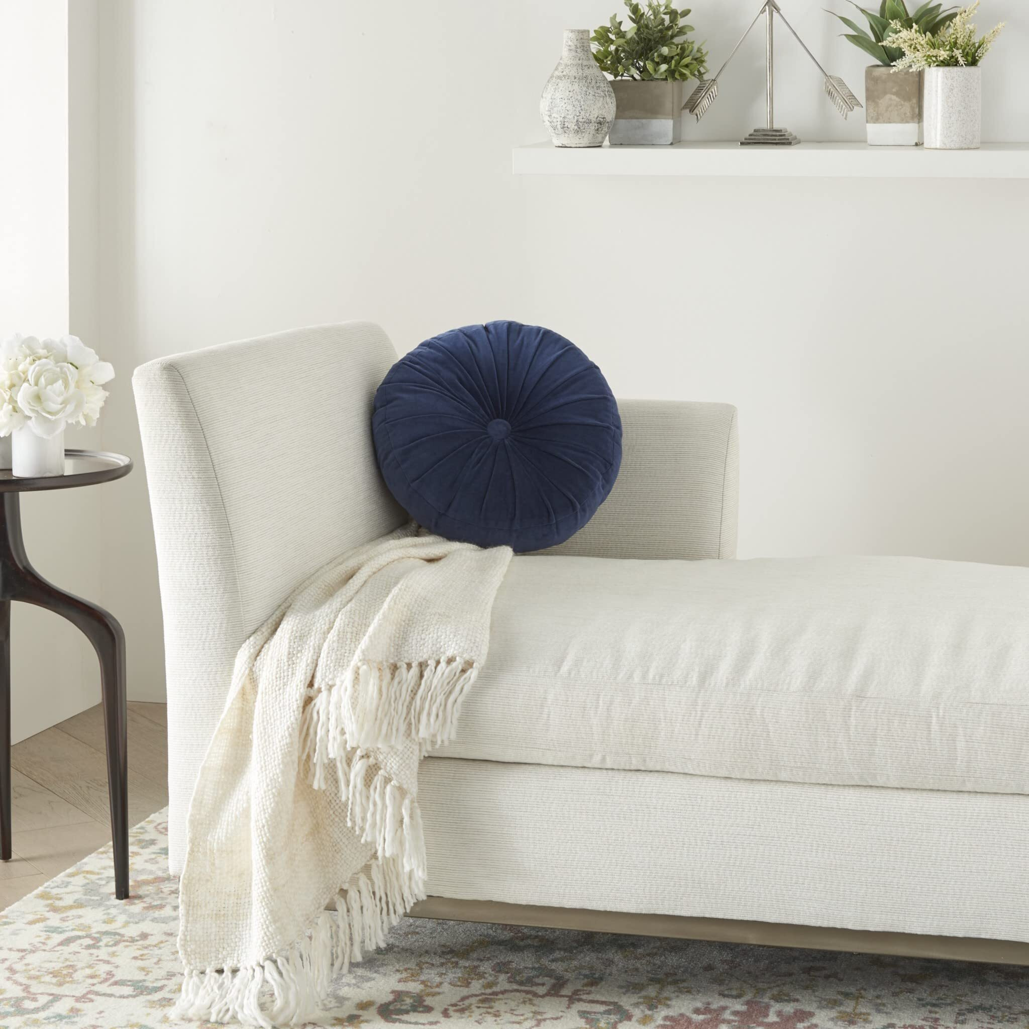 Homeroots Multicolor Cotton Velvet Dark Blue Tufted Round Throw Pillow