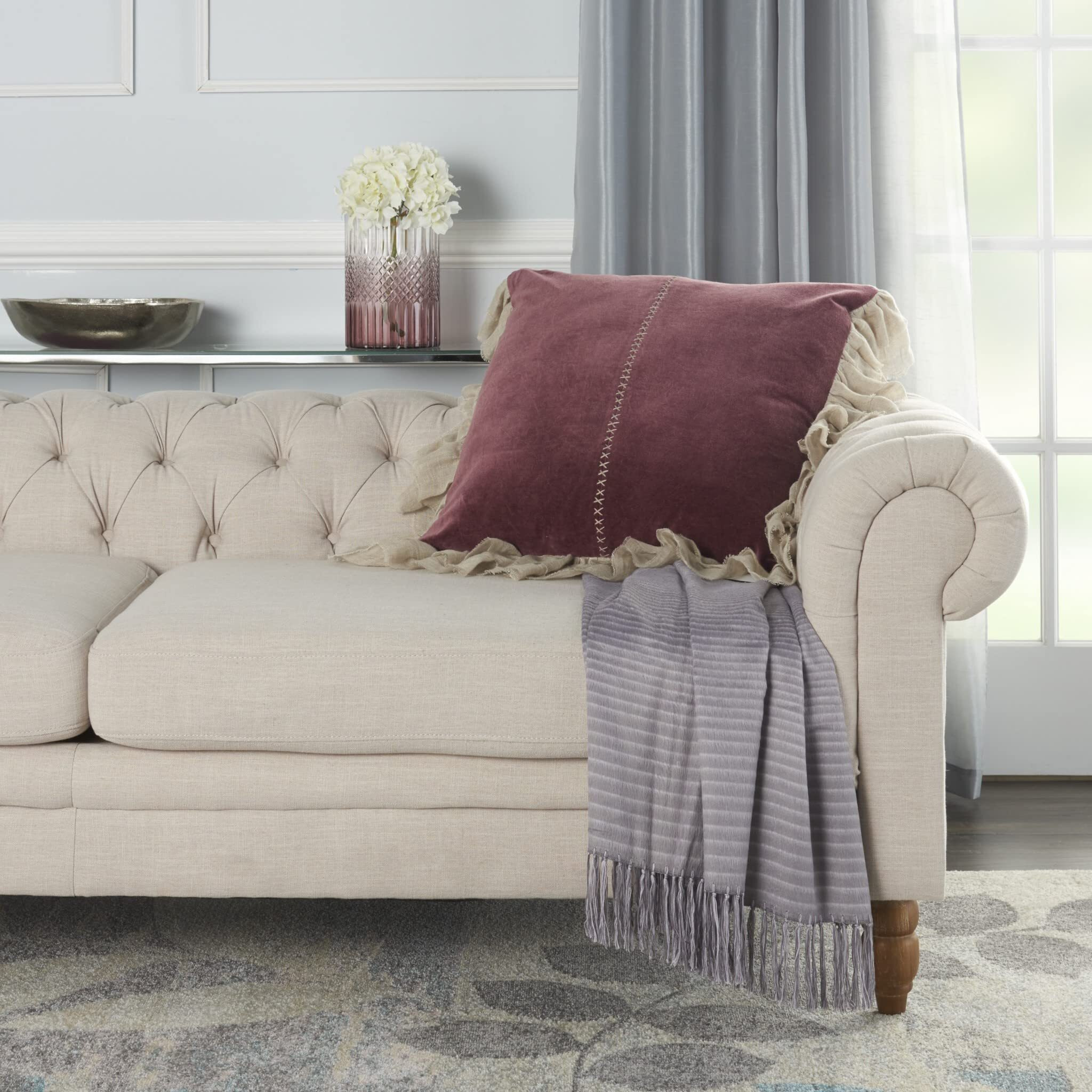 Homeroots Grey Cotton Wide Tasseled Marble Maroon Throw Pillow