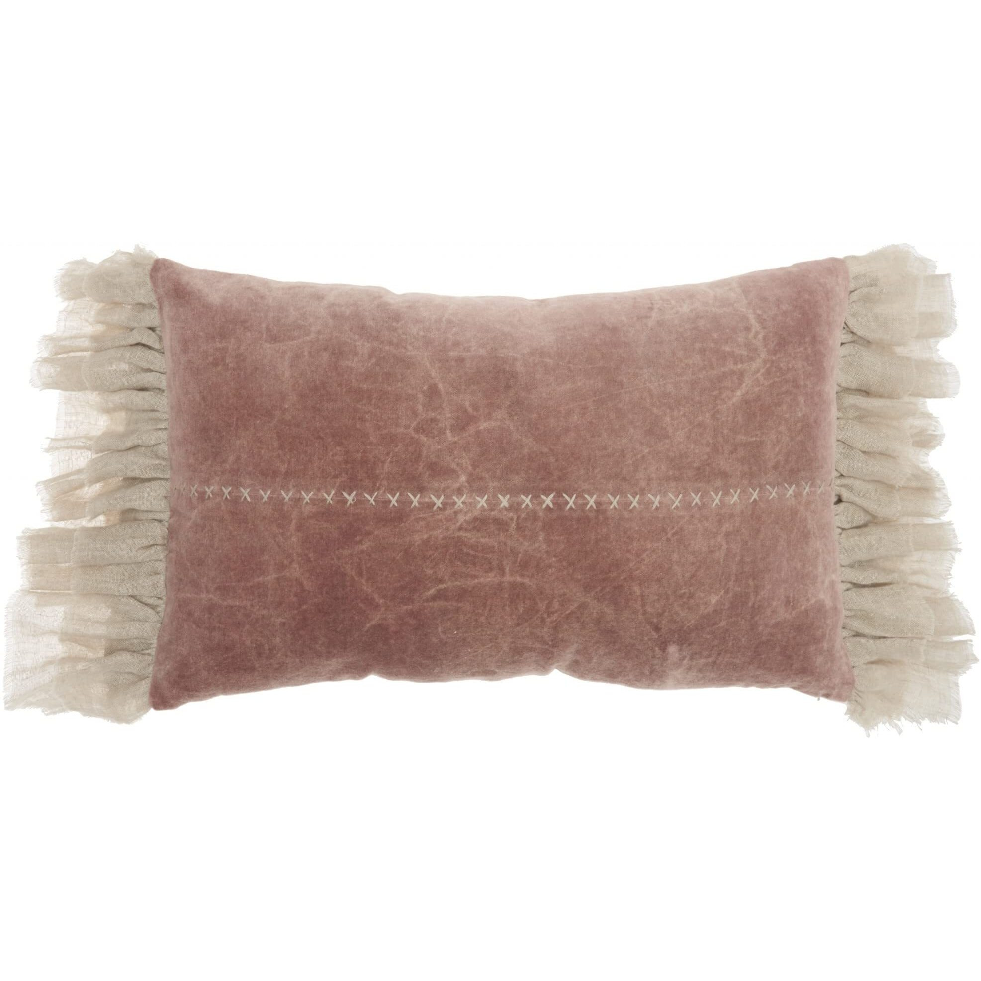Homeroots Grey Cotton Wide Tasseled Marble Pink Lumbar Pillow