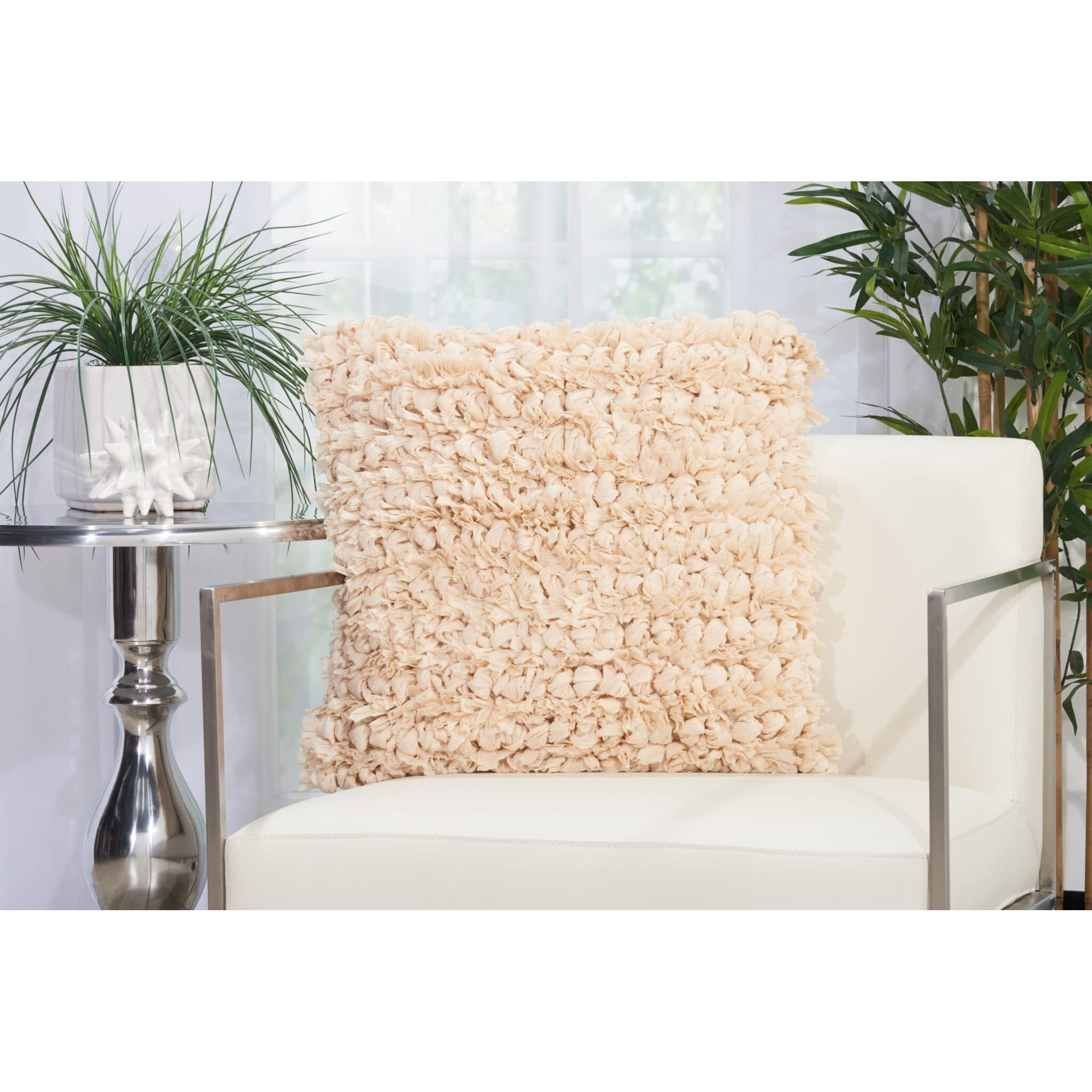 Homeroots Lavender Polyester Loose Luscious Shag Beige Throw Pillow