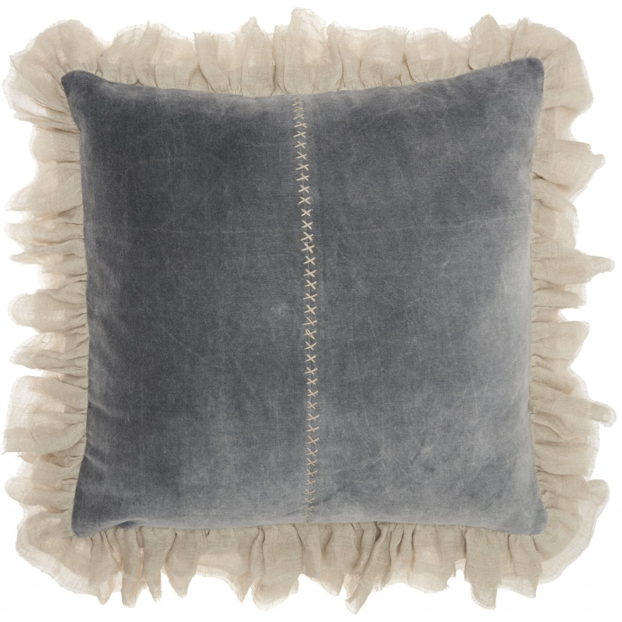 Homeroots Grey Cotton Wide Tasseled Marble Steel Blue Throw Pillow