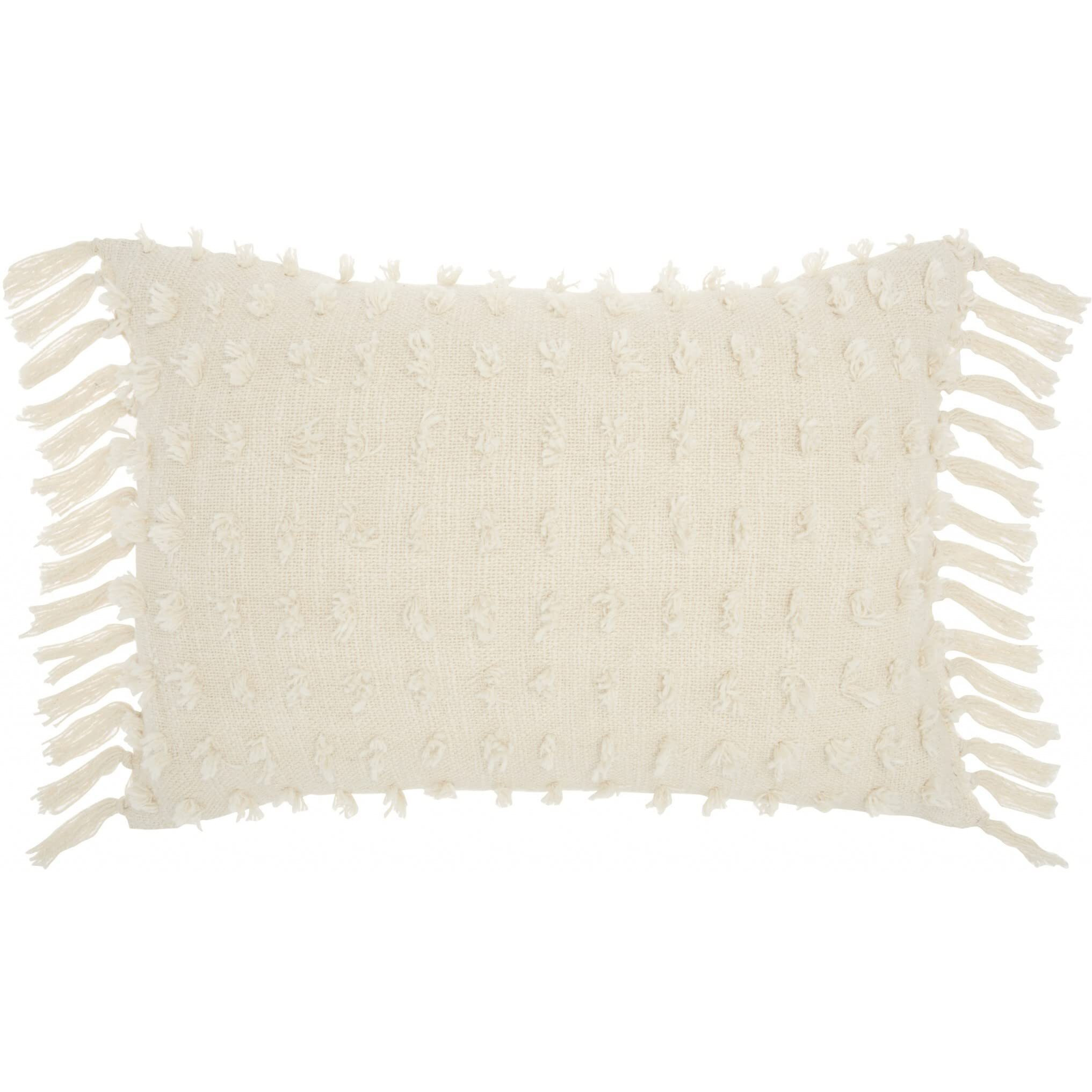 Homeroots Grey Cotton Tassel Detailed White Lumbar Pillow