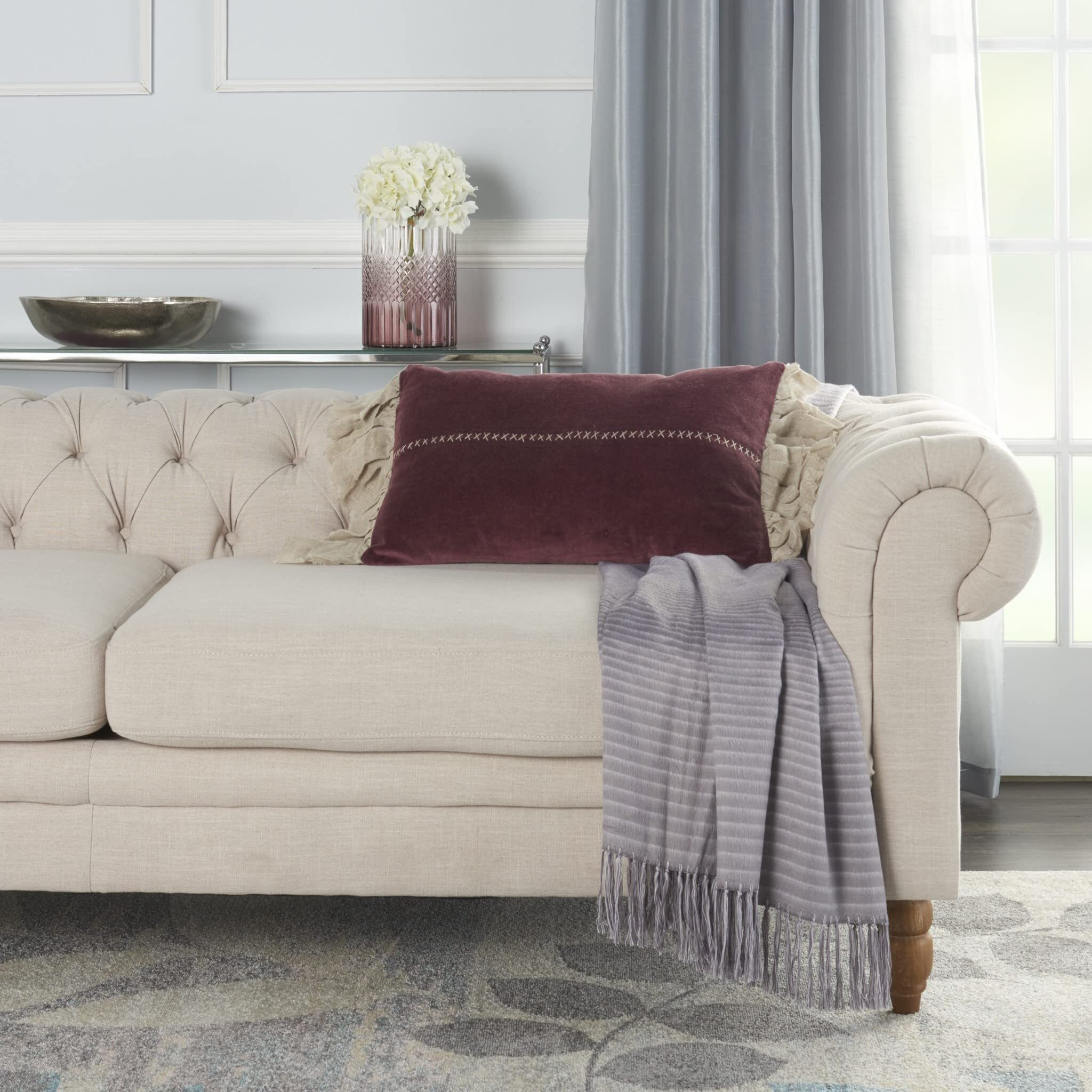 Homeroots Grey Cotton Wide Tasseled Marble Maroon Lumbar Pillow
