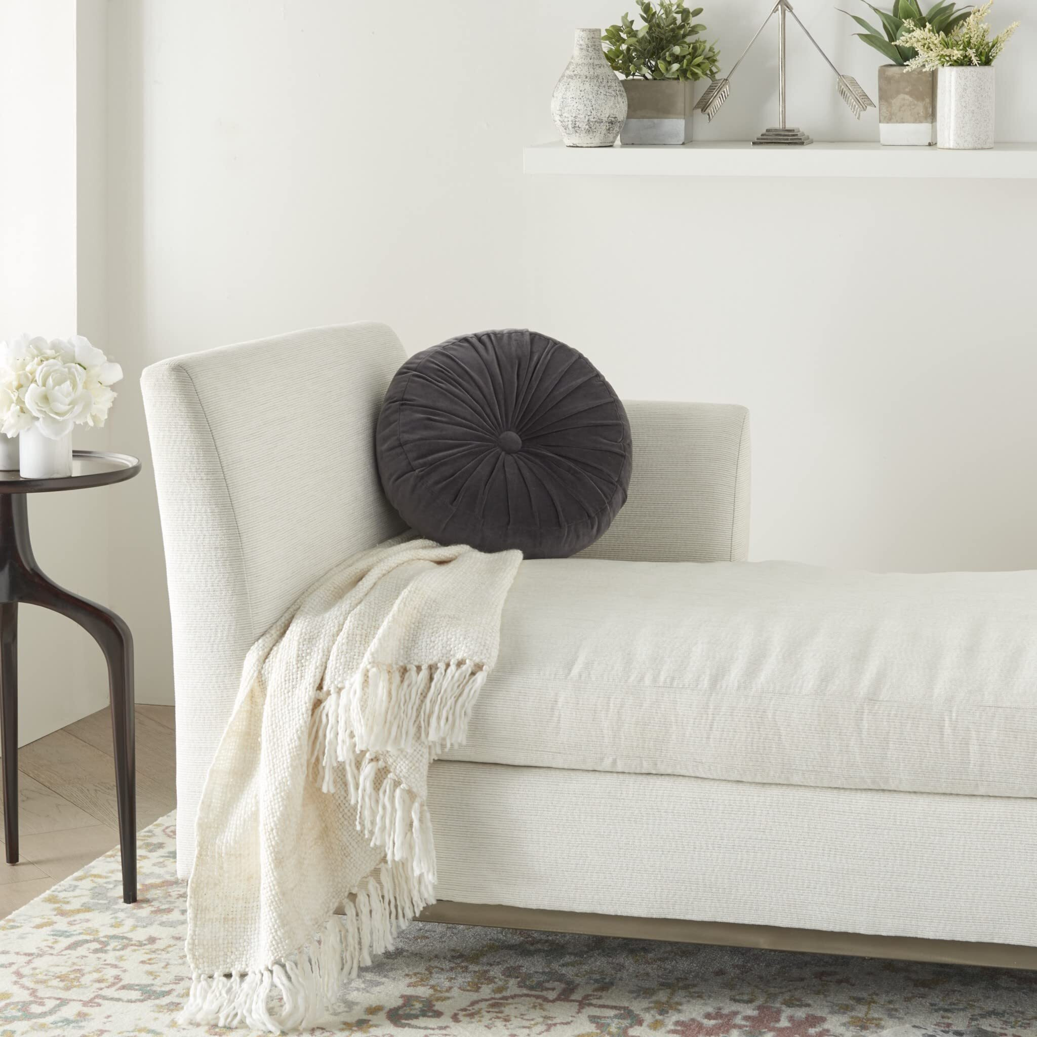 Homeroots Rose Gold Cotton Velvet Dark Gray Tufted Round Throw Pillow