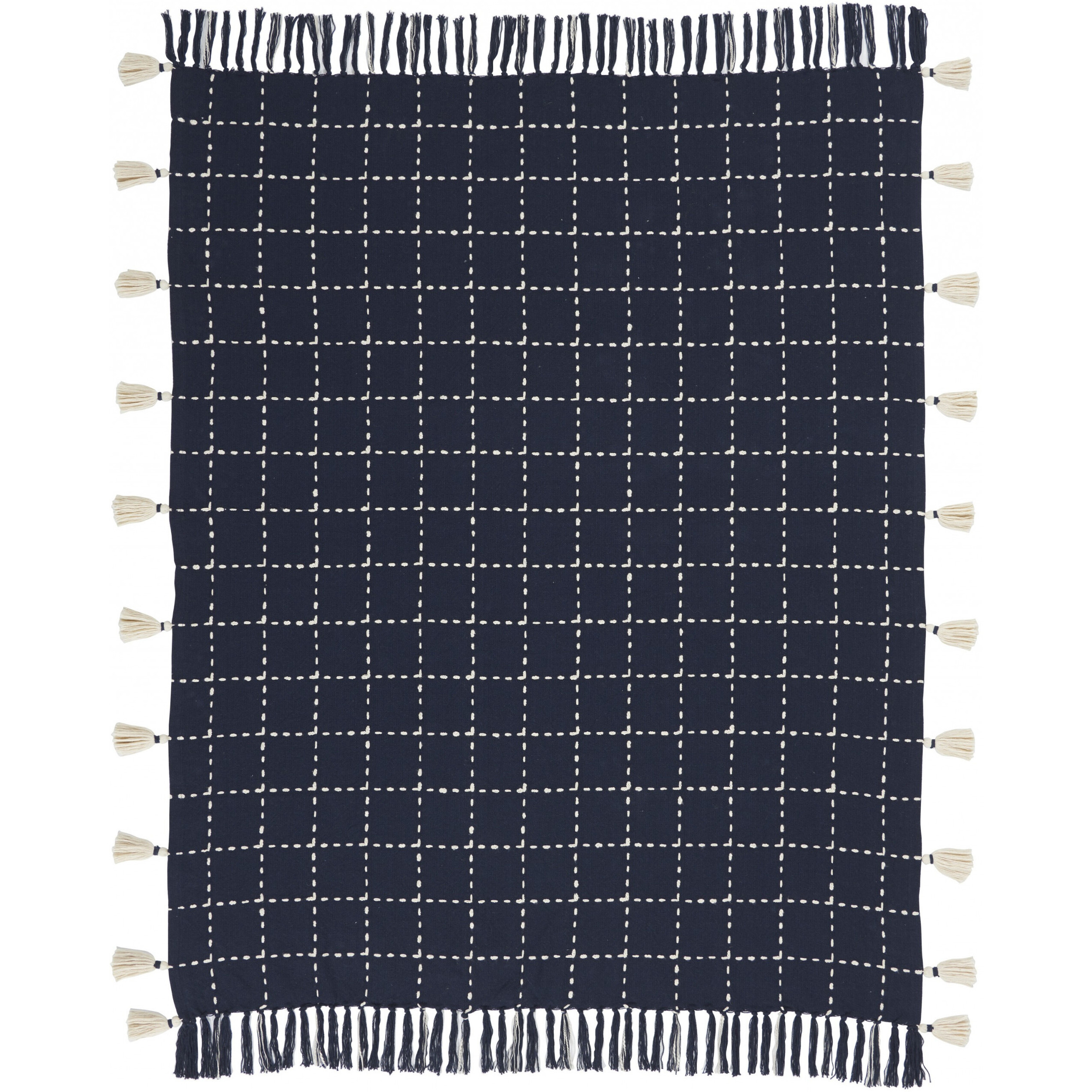 Navy And White Stitched Square Pattern Cotton Throw Blanket