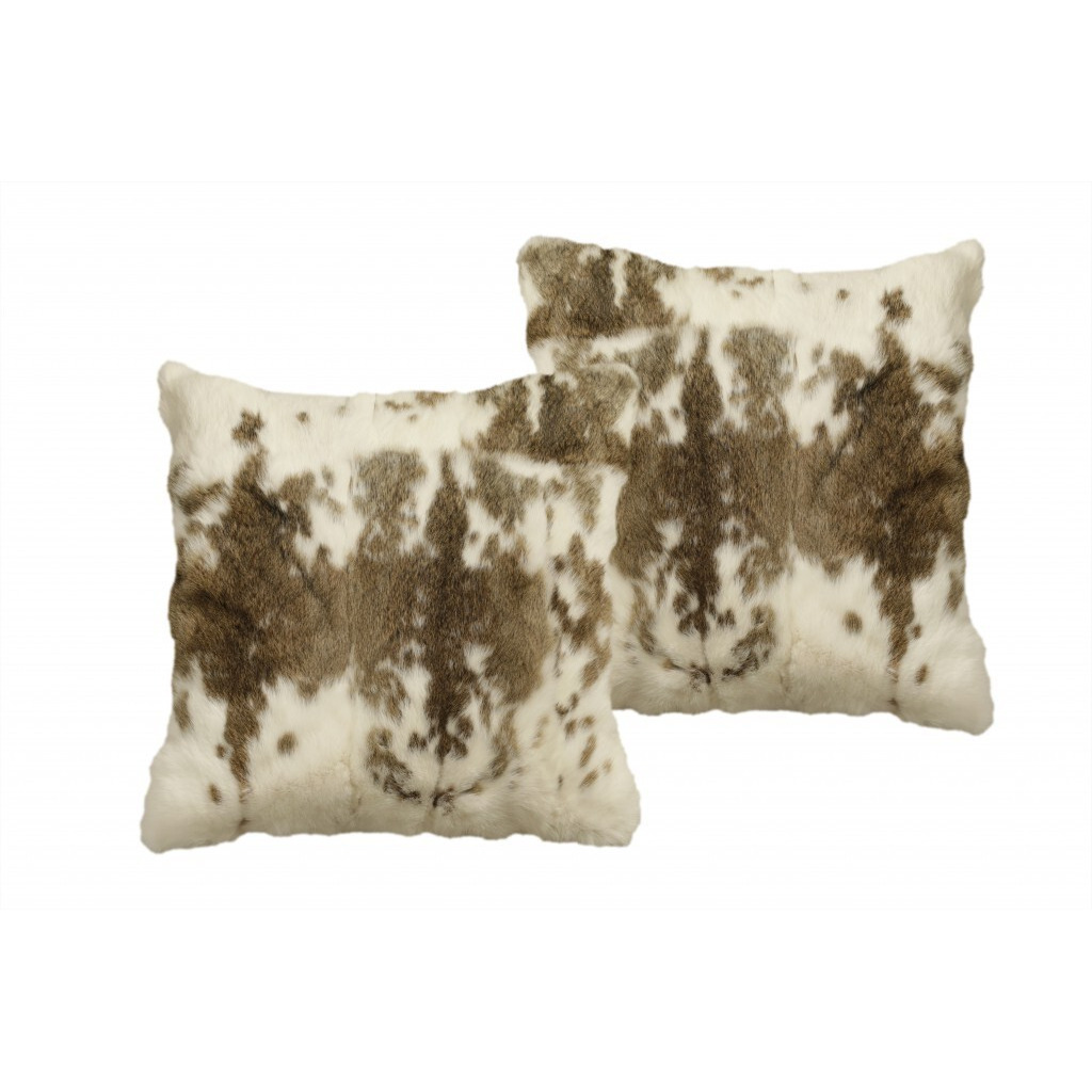 Set Of Two 18"" X 18"" Brown And White Rabbit Natural Fur Animal Print Throw Pillows