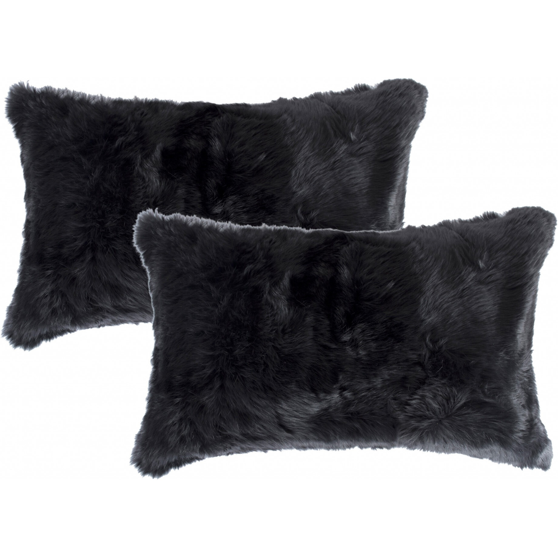 Set Of Two 12"" X 20"" Black Rabbit Natural Fur Throw Pillows