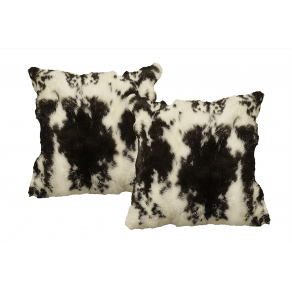 Set Of Two 18"" X 18"" Black And White Rabbit Natural Fur Animal Print Throw Pillows