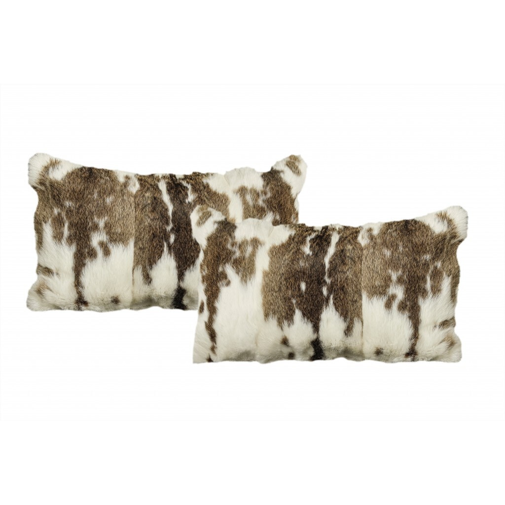 Set Of Two 12"" X 20"" Brown And White Rabbit Natural Fur Animal Print Throw Pillows