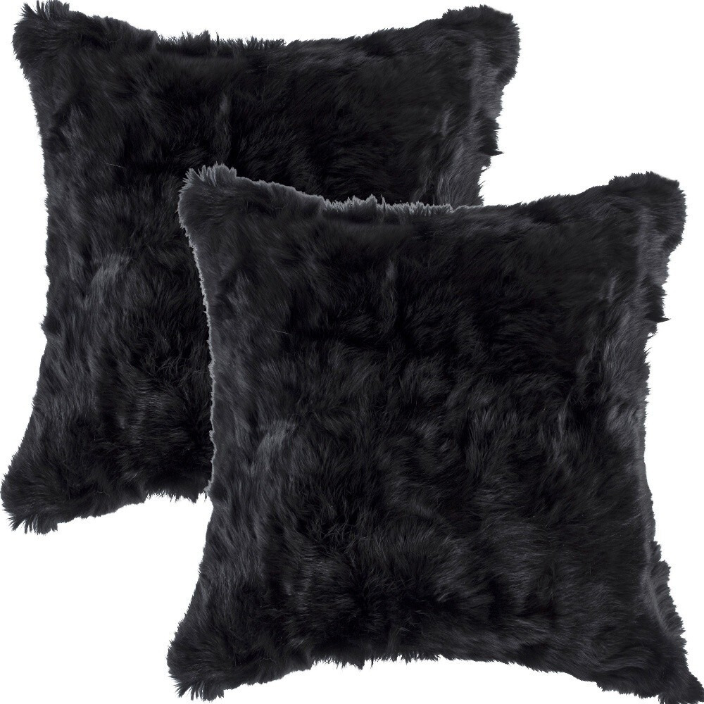 Set Of Two 18"" X 18"" Black Rabbit Natural Fur Animal Print Throw Pillows