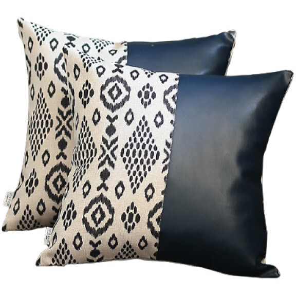 Set Of 2 Half Bohemian Patterns And Prussian Blue Faux Leather Lumbar Pillow Covers
