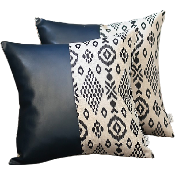 Set Of 2 Half Bohemian Patterns And Prussian Blue Faux Leather Lumbar Pillow Covers