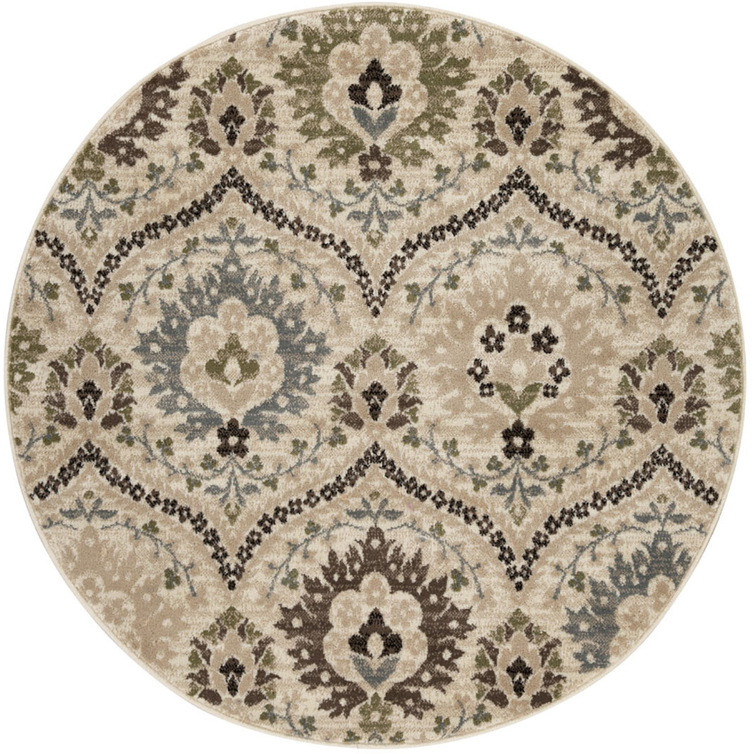 8' Round Ivory Gray And Olive Round Floral Stain Resistant Area Rug
